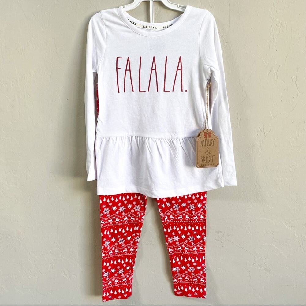 NWT Rae Dunn Girls Fa‎ La La Christmas Matching Top Leggings 2-Piece Set